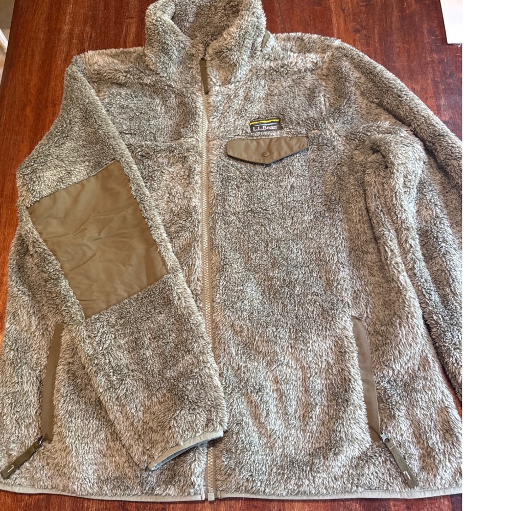 L.L.Bean Hi-Pile Fleece Jacket Mens Large Taupe Excellent Elbow Patch Full Zip